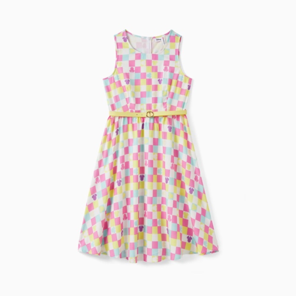 Disney Mickey and Friends Checkered Minnie Print Sleeveless Dress with Belt.